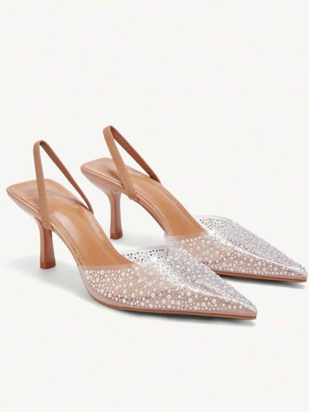 Zara Tan Slingback Pointed Pumps with Crystal and Pearl Embellishments 8.5